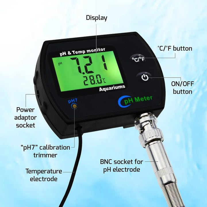 2-in-1-pH- und Temperatur monitor, pH-Meter mit Hintergrundbeleuchtungsfunktion, Doppelanzeige 0,00–