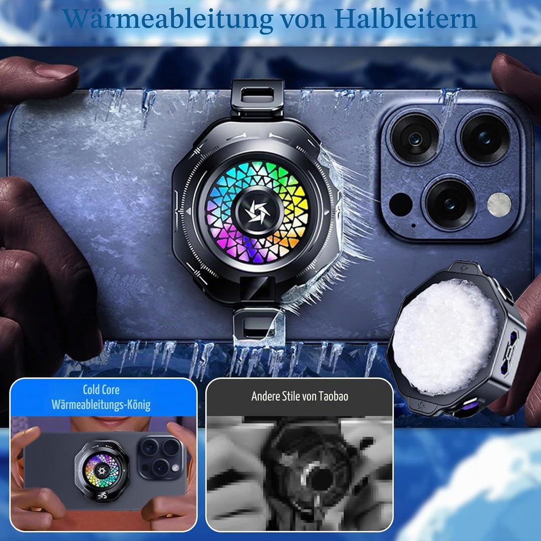 Handy Kühler, Tragbarer Magnetischer Handy Kühler mit RGB‑Beleuchtung, mit Echtzeit‑Temperaturanzeig