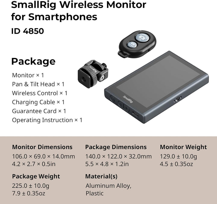 SMALLRIG Wireless Monitor,Magnetischer Selfie Monitor mit drahtloser Steuerung, Telefonmonitorbildsc