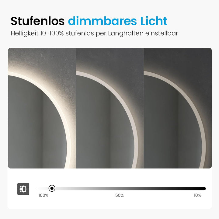 Heilmetz Bluetooth Badspiegel mit Beleuchtung Rund 60cm, LED Badezimmerspiegel mit Licht, Uhr, Antib