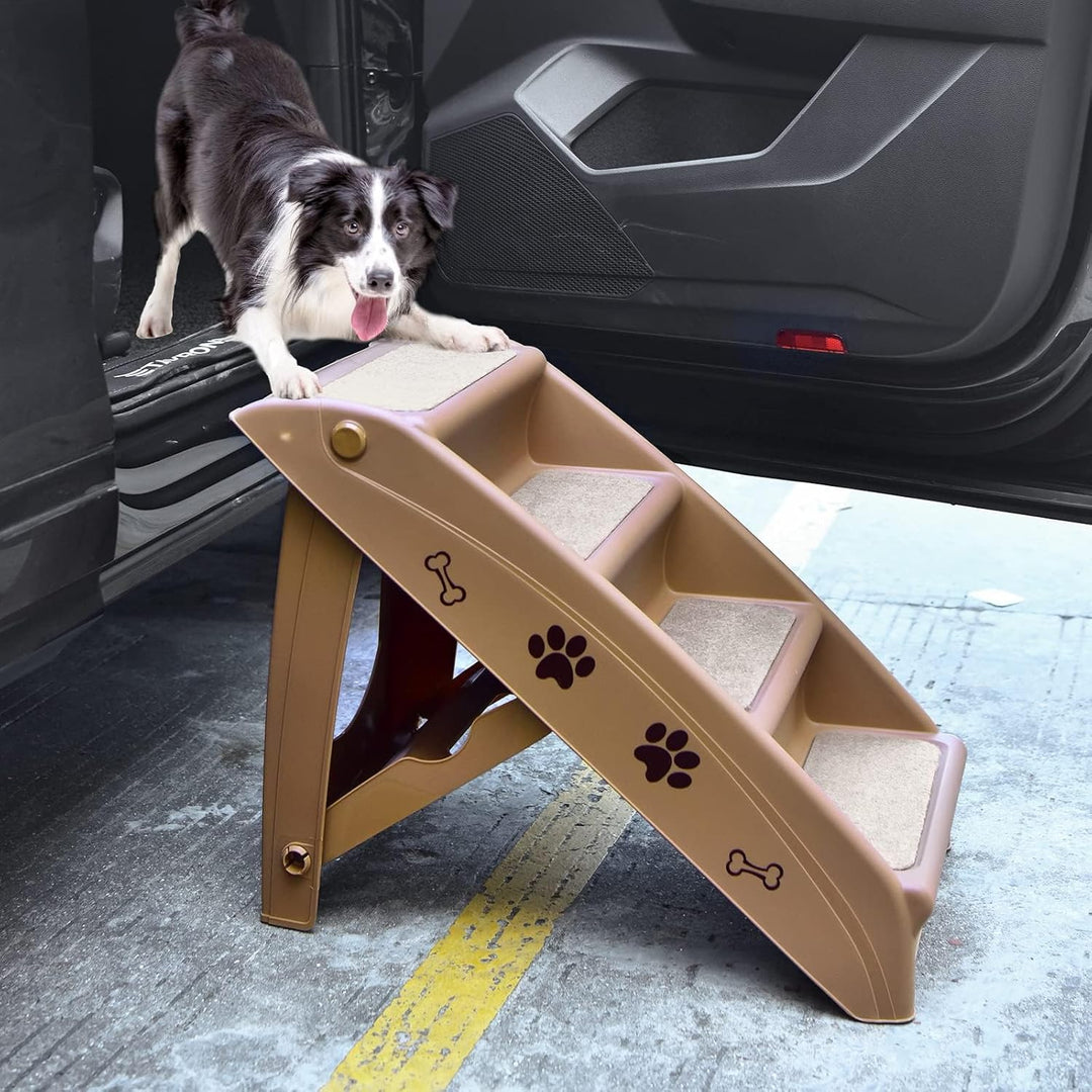 GYMAX Haustiertreppe mit 4 Stufen, klappbare Hundetreppe aus Kunststoff mit rutschfesten Fusspolster