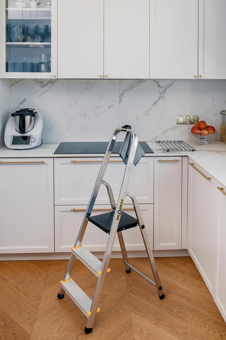 Drabest - PRO Haushaltsleiter - Stehleiter - 3 Stufen - Arbeitshöhe 2,54m - Klappleiter aus Aluminiu