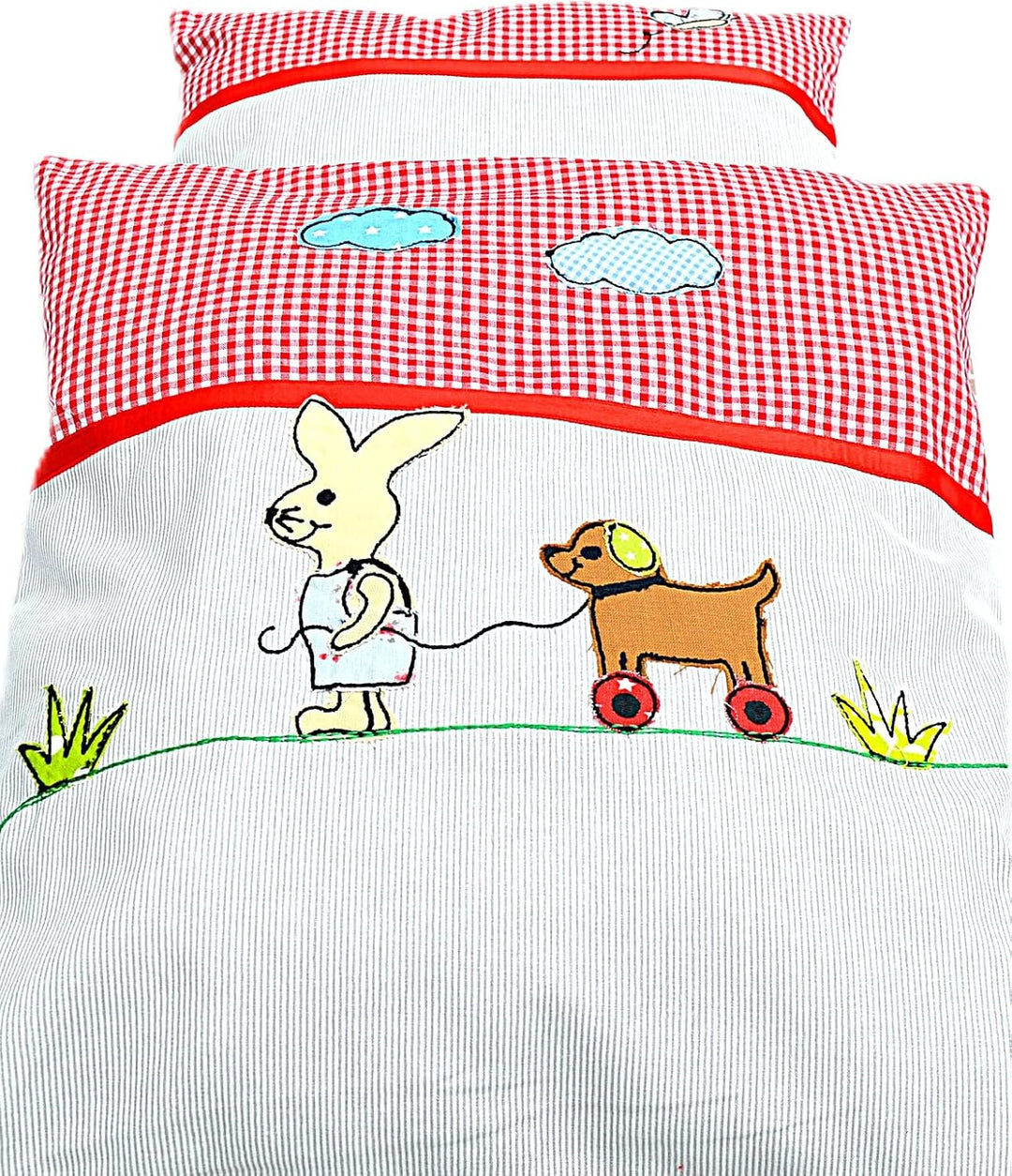 Puppenbettwäsche 2-TLG. -Kissenset Hasenkind, Set mit Kaninchen-Stickbild Hase mit Hund, Hase mit Hu