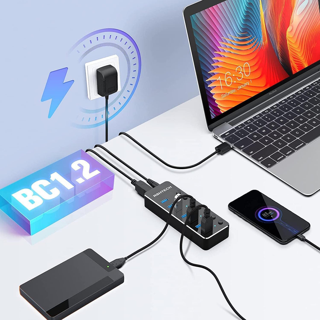 RSHTECH USB Hub Aktiv 3.0 mit Netzteil, Aluminium 7-Ports USB 3.0 Hub, USB 3.0 Port Verteiler für Da