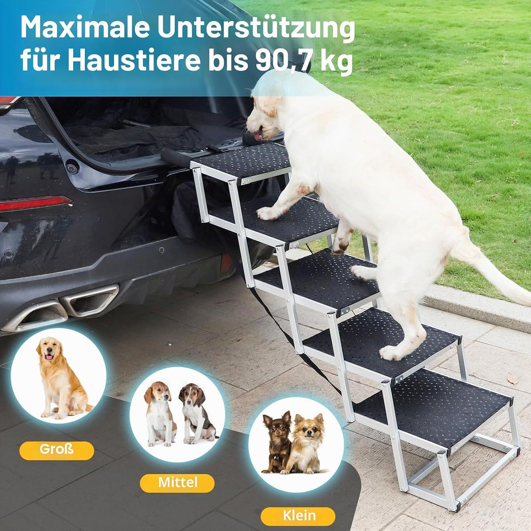 Uross Hundetreppe für Auto - 5 Stufen Zusammenklappbare Rampe für Auto und SUV, Aluminium-Treppe für