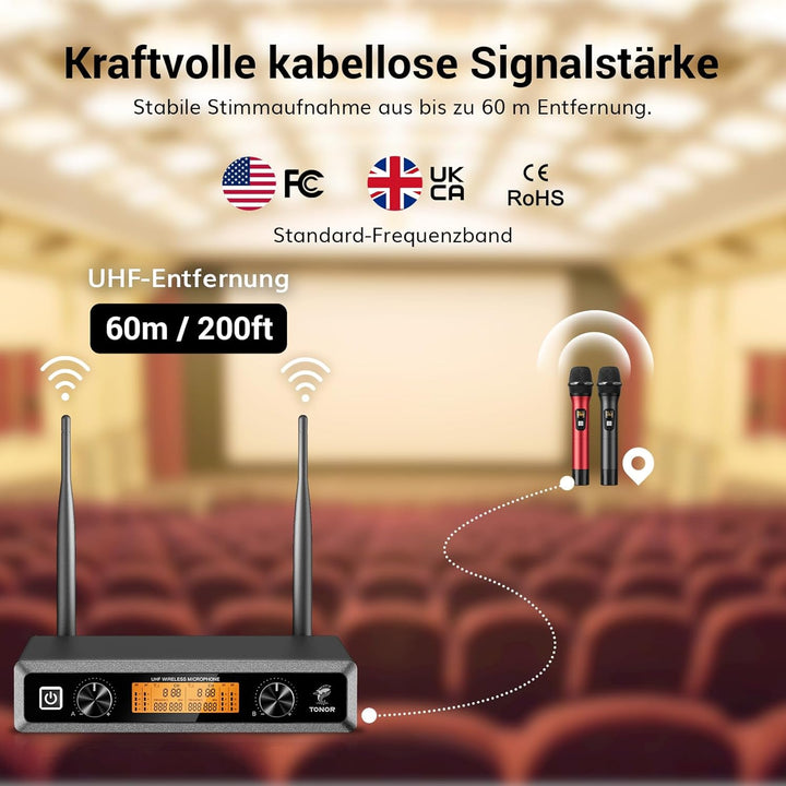 TONOR Wireless Funkmikrofon UHF Professionelles dynamisches drahtloses Dual Mikrofon, Handmikrofonsy