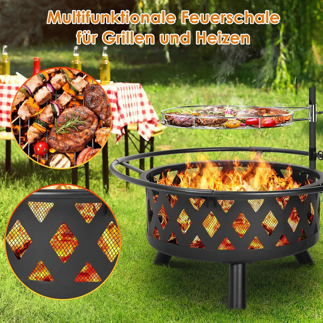 Feuerschale mit Drehbarem Grillrost, Feuerschale Gross, Feuerschalen für den Garten mit Funkenschutz