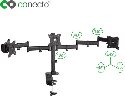 conecto,Monitor-Halterung für DREI Bildschirme bis 27 Zoll,neigbar (+/-45°),schwenkbar (+/-180°),dre