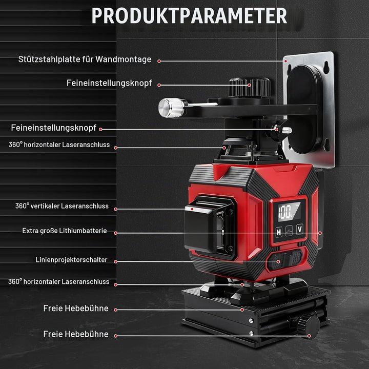 VOBOR Kreuzlinienlaser Mit Stativ mit 16 Linien, 4 x 360° Laser Wasserwaage mit Selbstnivellierend,