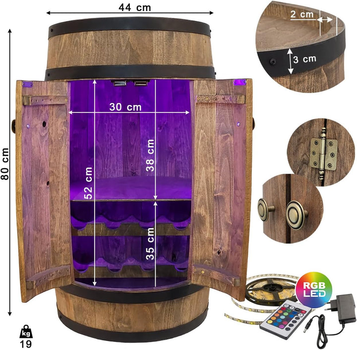 weeco Fassbar mit Tür und Weinregal RGB LED Beleuchtung, Hausbar Weinrack 80x50cm. Rustikaler deko B