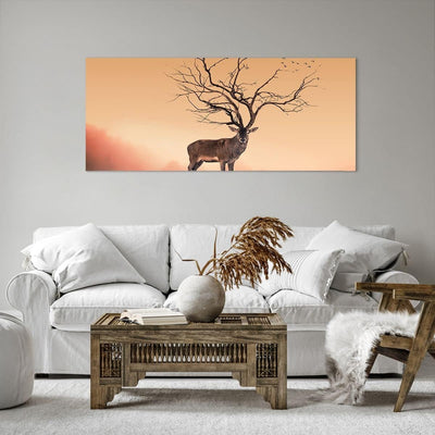 Wandbilder Dekoration Wohnzimmer Hirsch Baum Nebel Wald Panorama Bilder auf Leinwand 120x50cm Leinwa