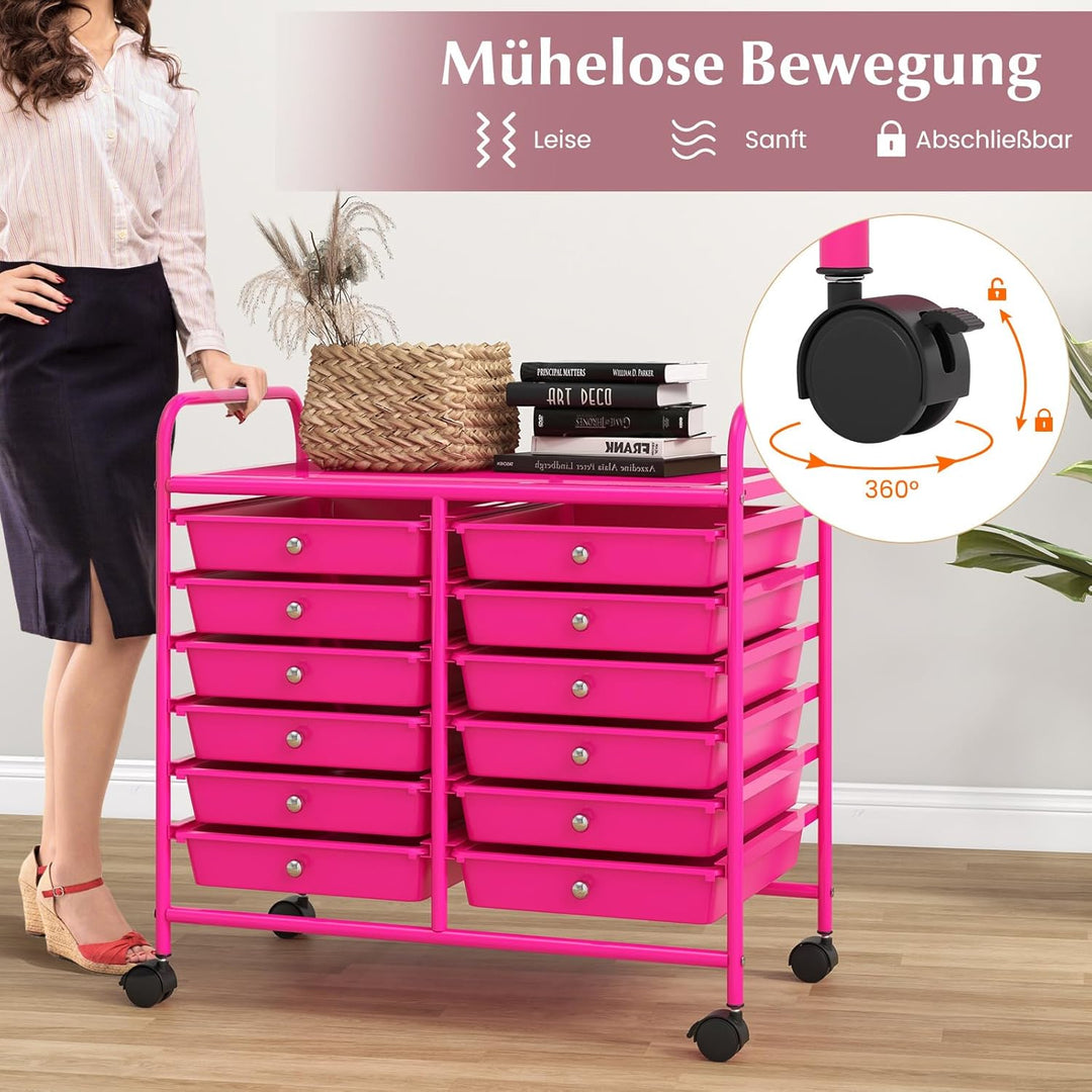 COSTWAY Rollwagen mit 12 stapelbaren Schubladen, Schubladenwagen Rollcontainer mit Metallgestell & A