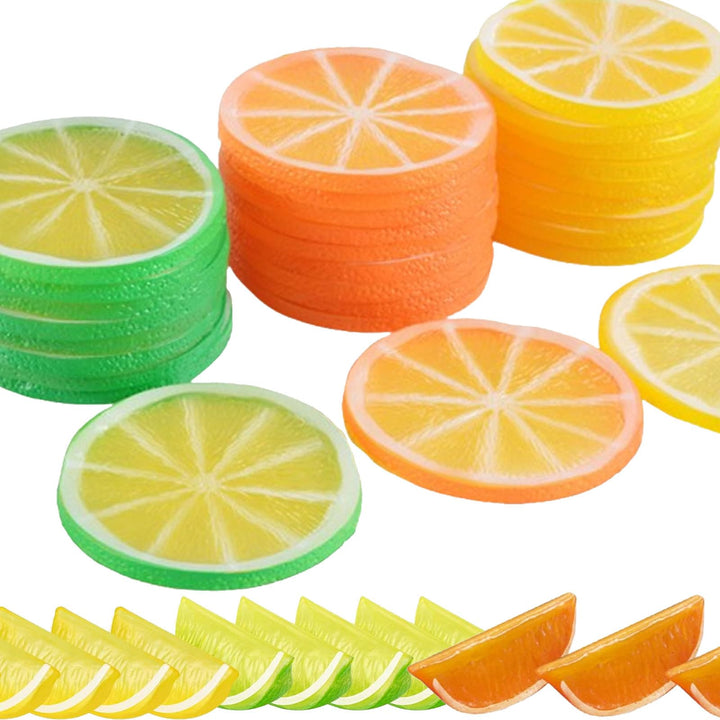 Xusxes 37 Stück Orangenscheiben Plastik, Künstliche Zitronenscheiben, Limetten Deko, Limetten Plasti