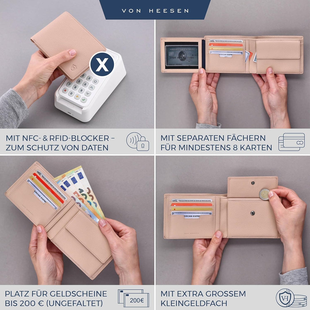 VON HEESEN Leder Geldbörse RFID Schutz I Echtleder Geldbeutel für Damen & Herren I Portemonnaie Brie