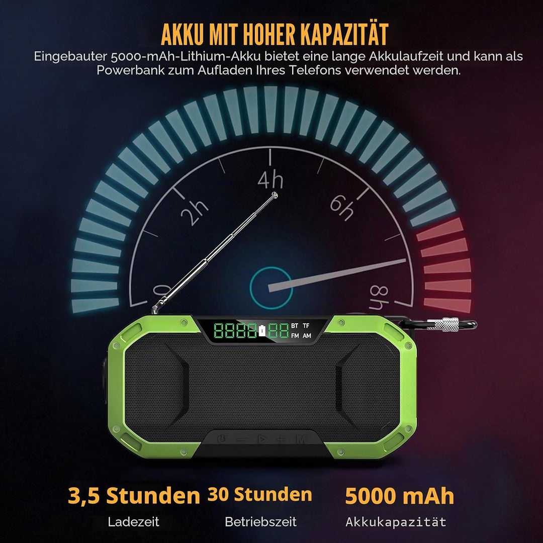 Kavolet Solar Radio, Tragbar Kurbelradio Dynamo Radio mit AM/FM, 5000mAh Power Bank Ladegerät Blitzl