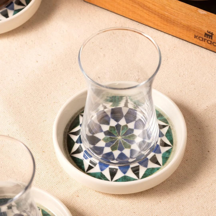 KARACA Roman 12 tlg. Keramik Teeset 10 cm - Elegantes Tee Service-Set mit 6 Teegläsern und 6 Teetell