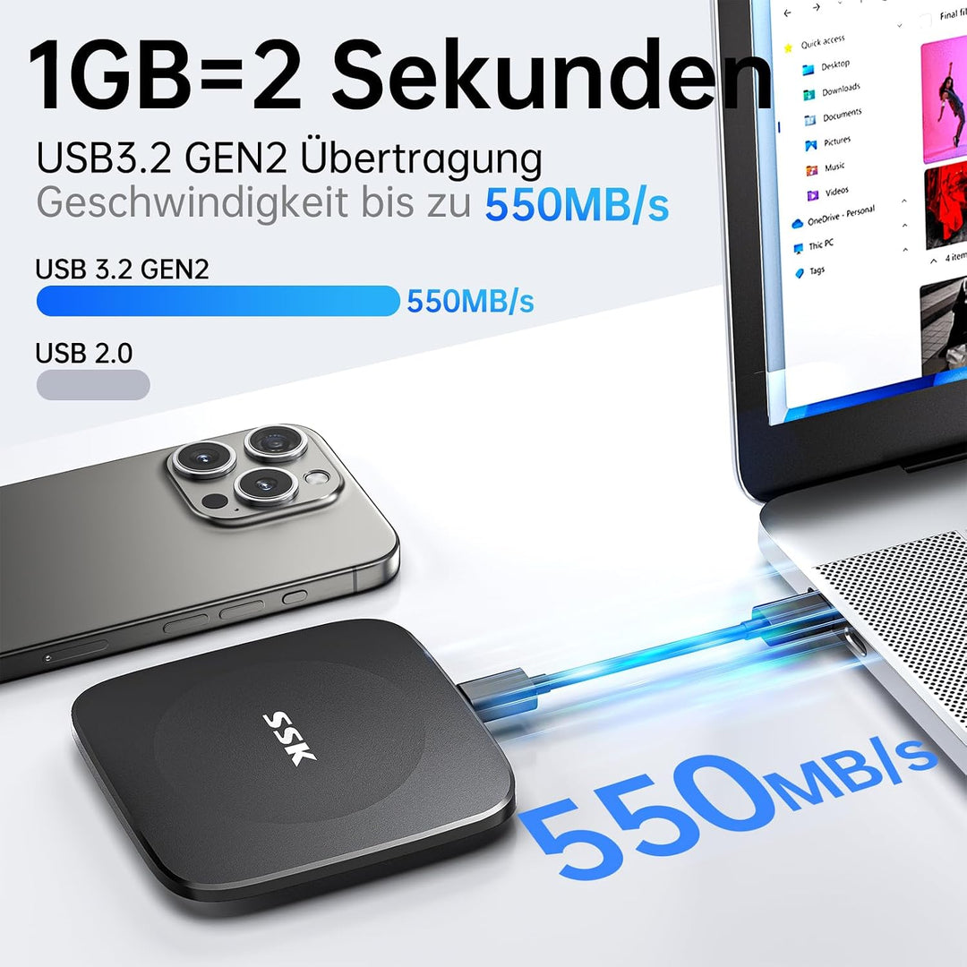 SSK Portable Externe SSD 256GB, 550 MB/s, Externe Festplatte USB C/A Kabel | USB-C/A Kabel, schnelle