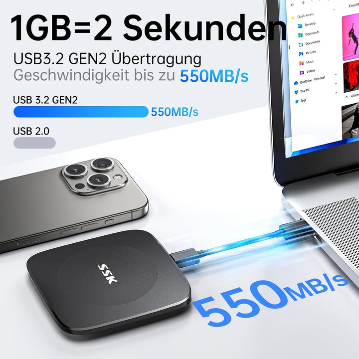 SSK Portable Externe SSD 256GB, 550 MB/s, Externe Festplatte USB C/A Kabel | USB-C/A Kabel, schnelle