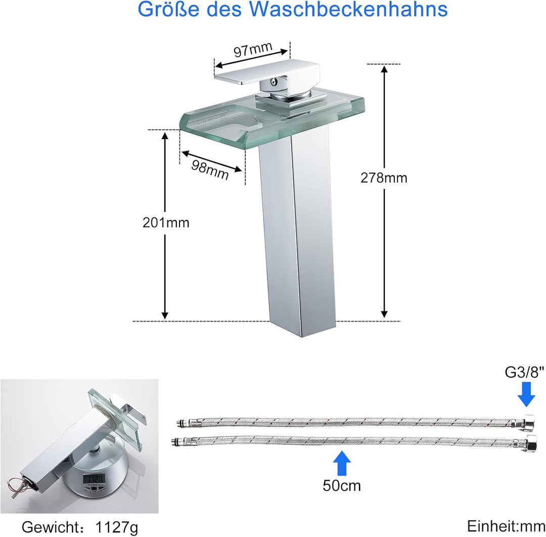 LED Wasserfall Wasserhahn Hoch aus Glas und Messing, 3 Farbewechsel Waschtischarmatur mit Temperatur