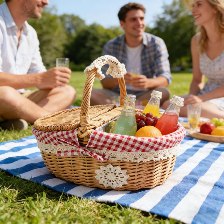 Outdoor-Picknickkorb, Weidenkorb, Picknickkorb, mit Deckel und Griff, Dekoration, Auskleidung, Garte