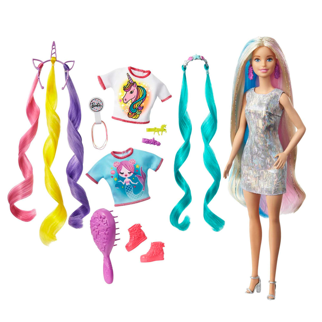 Barbie-Puppe, Einhorn-Barbie-Puppe mit Meerjungfrauenhaar und Einhorn-Haarkrönchen, Barbie-Accessoir
