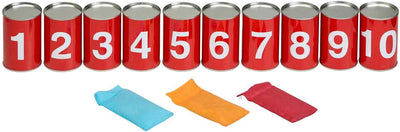 Idena 40189 - Spiel-Set Dosenwerfen mit 10 nummerierten Metall-Dosen und 3 Sand-Säckchen, Wurf- und