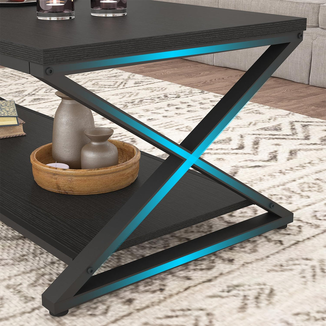 HSH Couchtisch Holz Schwarze Wohnzimmertisch mit Ablagen Moderner Sofatisch mit Stauraum Stabiler Ka