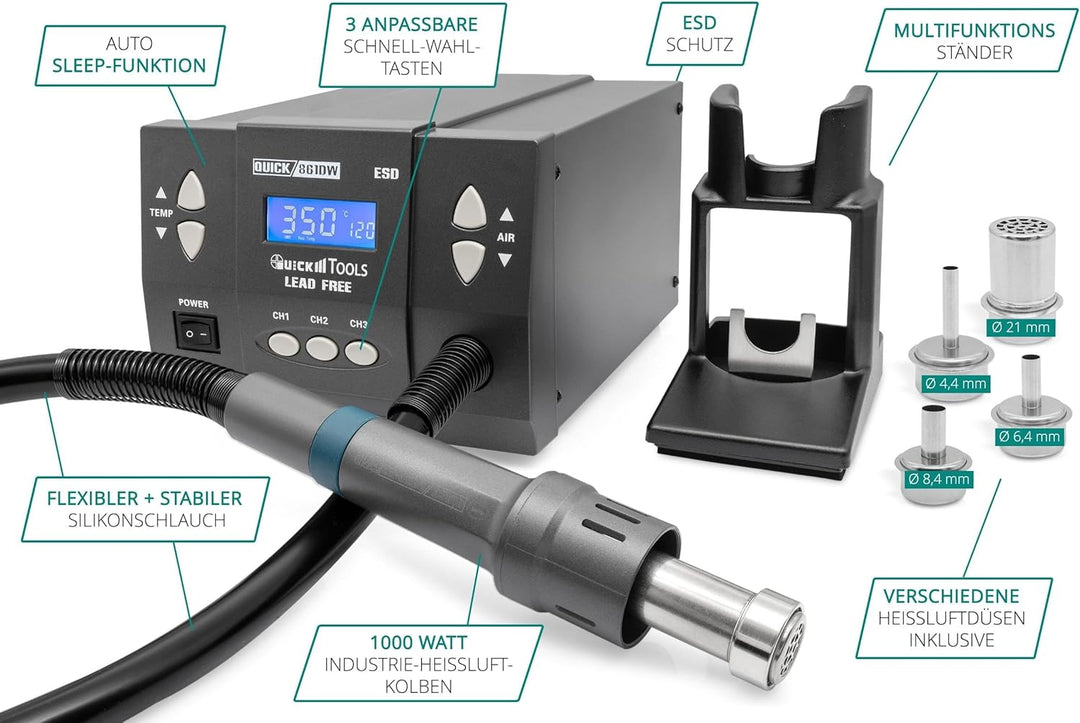 QUICK QU861DW+ Profi Heissluft Lötstation Set digital regelbar - 1000 Watt/ Temperaturbereich 100 -