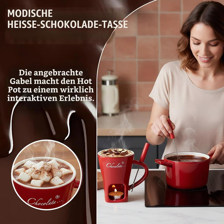 Schokofondue Tasse, 200ml Schokoladen Fondue Becher Set, Keramik Schokoladenfondue Set, mit Gabel un