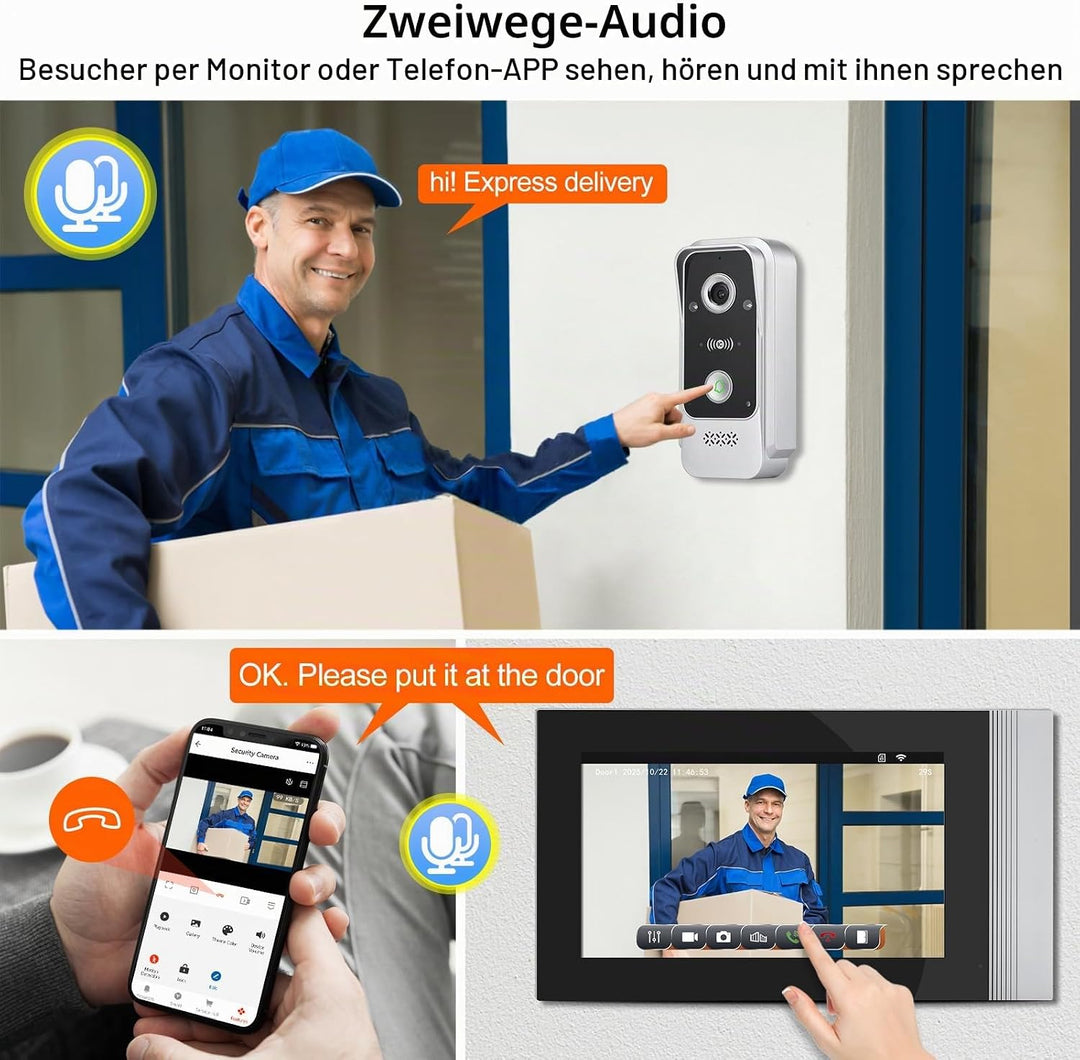 1080P HD WLAN Video Türsprechanlage Intercom System 2 Draht, IR Nachtsicht Video Türglocke Kamera mi