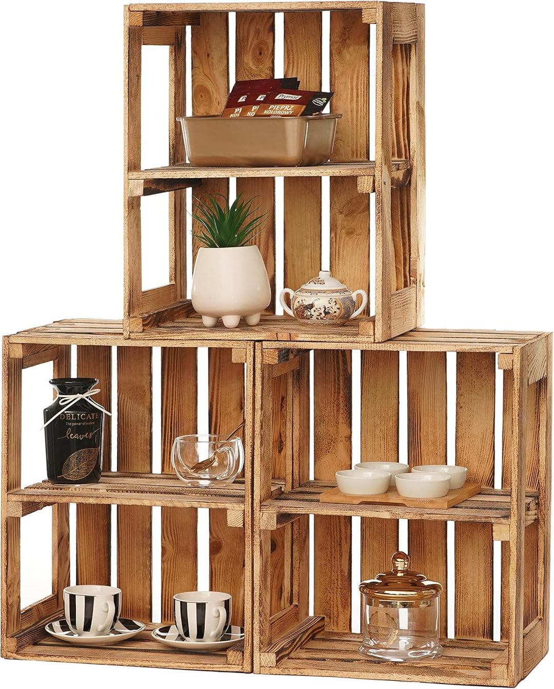 GrandBox Geflammte Holz-Kiste 50x40x30cm 3er Set mit Mittelbrett, Wein-Kiste, Obst-Kiste, Kaminholz-