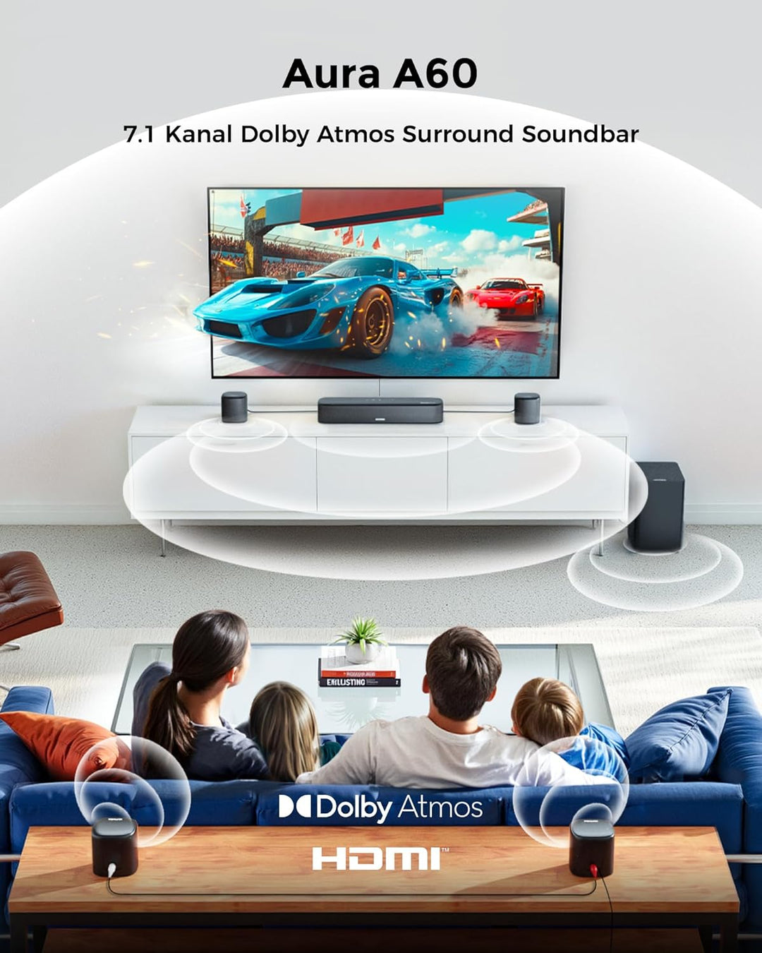 ULTIMEA 7.1ch Soundbar mit Dolby Atmos, Surround Sound System mit 4 Surround Lautsprechern, App, Hei