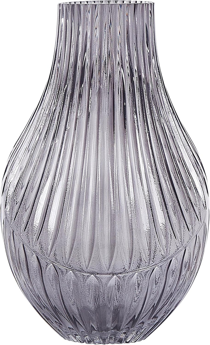 Deko Blumenvase Glas grau 36 cm bauchig Rillen-Struktur breite Öffnung Myrsina