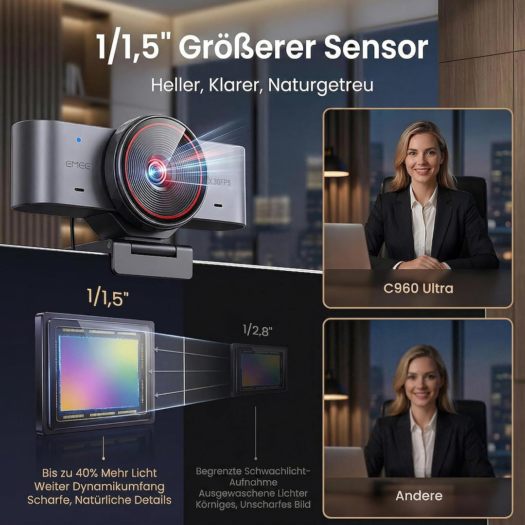 EMEET C960 Ultra 4K Webcam für Mac, 1/1,5” Sensor, Webcam mit Datenschutzabdeckung, 4K@30FPS/1080P@6