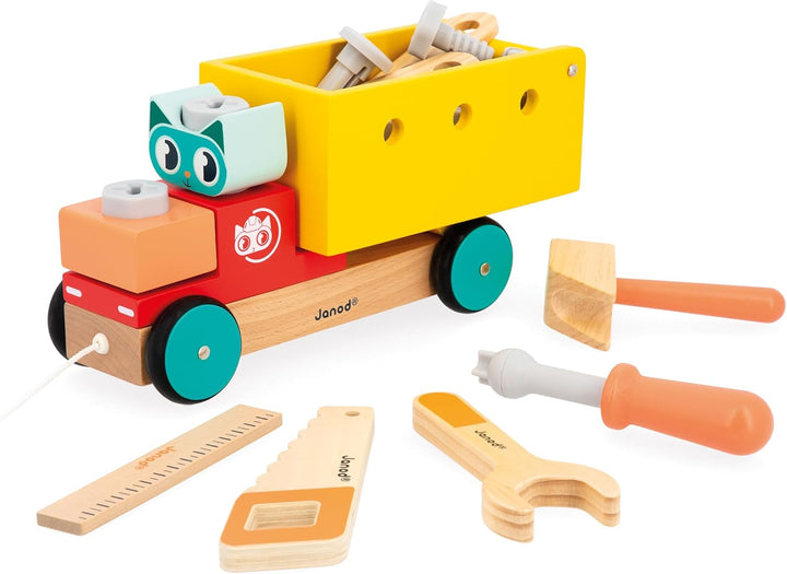 Janod - Mein erstes Konstruktionsspiel - Nachzieh-DIY-LKW - 23 Zubehörteile - Rollenspiel - Feinmoto