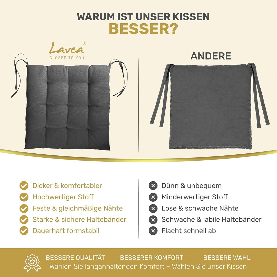 Lavea® Sitzkissen &amp; Stuhlkissen 40x40 cm – 4er Set – mit Stoffbändern – Buiten &amp; Binnen – waschbar &amp;
