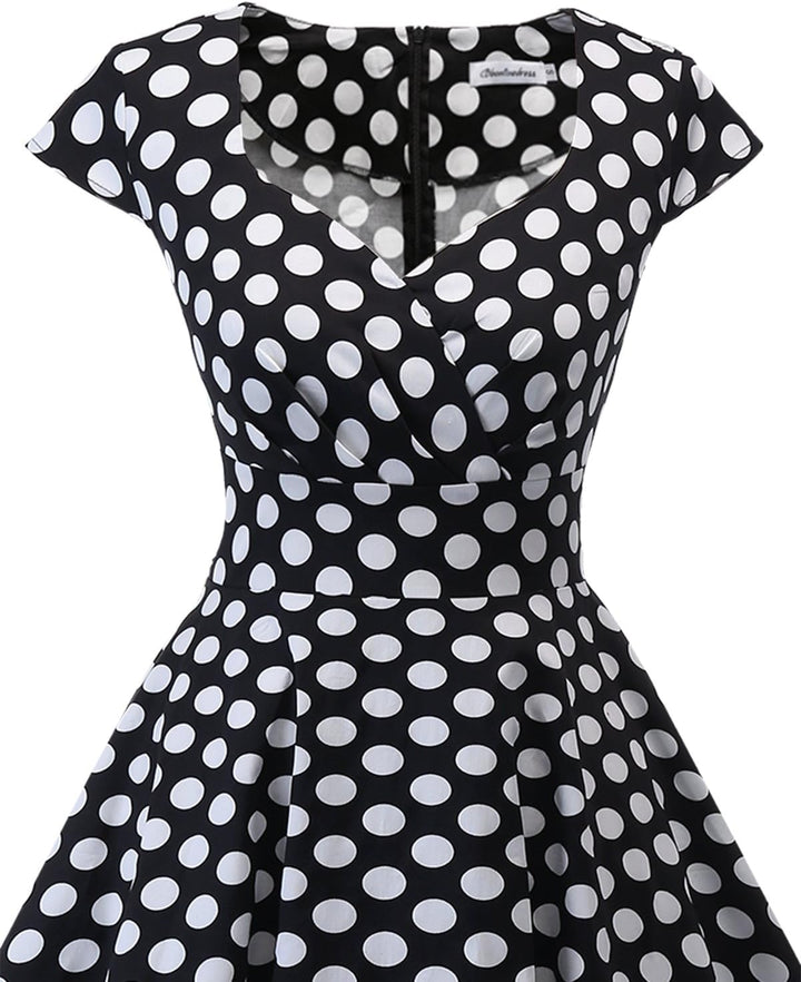 Bbonlinedress 1950er Vintage Retro Cocktailkleid Rockabilly V-Ausschnitt Faltenrock XS Black White B