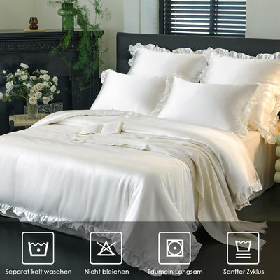 Freyamy Satin Bettwäsche 135x200 Glatt Luxus Seide Glanzsatin Bettwäsche Set Weiss Einfarbig Rüschen