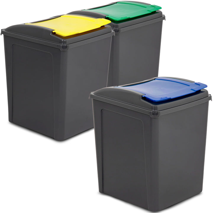 3x 50 Liter Mülltonne Schwarz-Gelb-Blau-Grün, Mülleimer Küche, Mülleimer 3 Fächer, Mülltrennsystem 3
