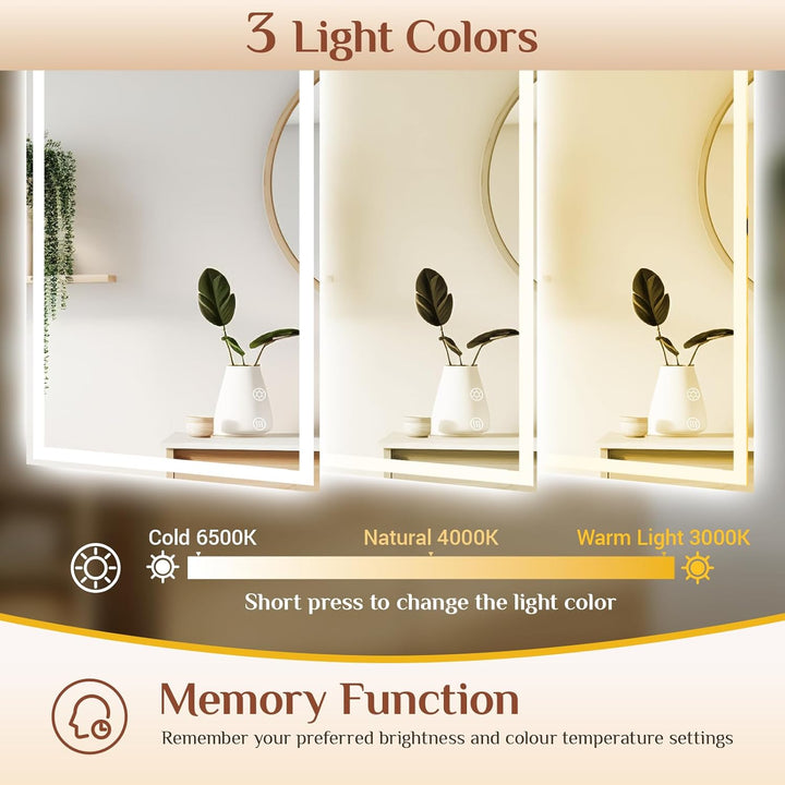 Clevich Badspiegel mit Beleuchtung 80×60 cm, LED Spiegel mit 3 Lichtfarben Dimmbar, Gehärtetes Glas