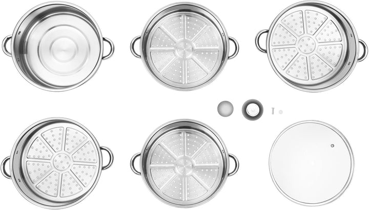 5-lagiger Edelstahl Dampfgarer mit Glasabdeckung, 32cm Ampfkocher Schongarer Induktion Dampfkochtopf