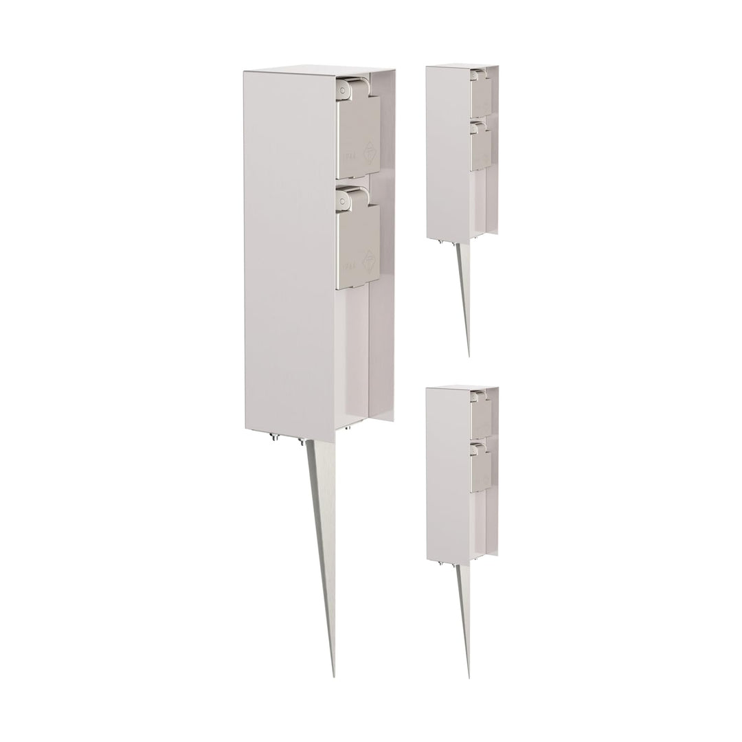 ledscom.de Aussensteckdose POMI mit Erdspiess, wetterfest, IP44, 2-fach, edelstahl, eckig, 23cm, 3 S