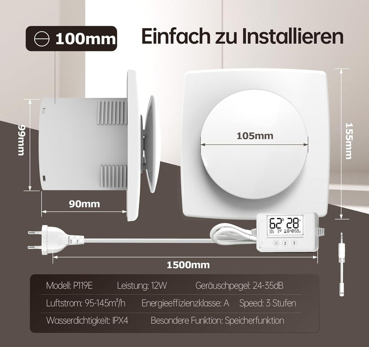 Abluftventilator mit Feuchtigkeitssensor & Temperatursensor, 3 Stufen, Fernbedienung, Timer & 24h-Mo