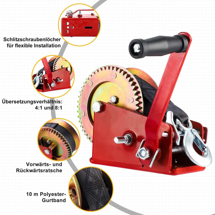 Pindex Handseiwinde mit 10m Gurtband 1600kg/3500LS, Seilwinde mit Bremse für Werkstatt/Garage/Anhäng