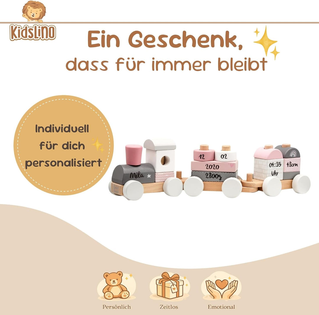 Personalisierte Holzeisenbahn rosa – Personalisierte Geschenke Baby | Steckspielzeug | Geschenk zur