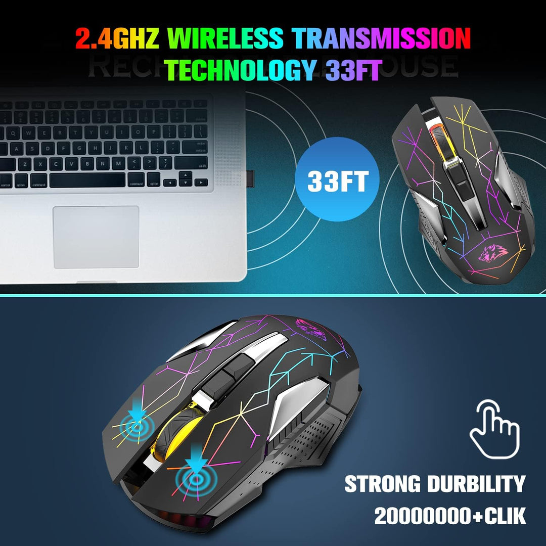 Kabellose Gaming-Maus, 2400 DPI, Seitentaste, USB Empfänger, Atmung RGB-Beleuchtung, 7 Tasten Lautlo