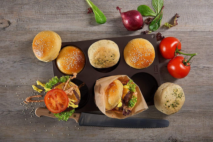 Lurch 85086 FlexiForm Burger Buns / Backform aus Silikon für 8,5 cm Pattys, 6-Fach, Braun Ø 8,5 cm B