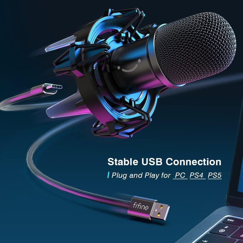FIFINE Gaming Mikrofon PC mit Arm, 8 RGB Steuerungsmodi USB Microphone für MAC PS4 PS5, Dynamisches