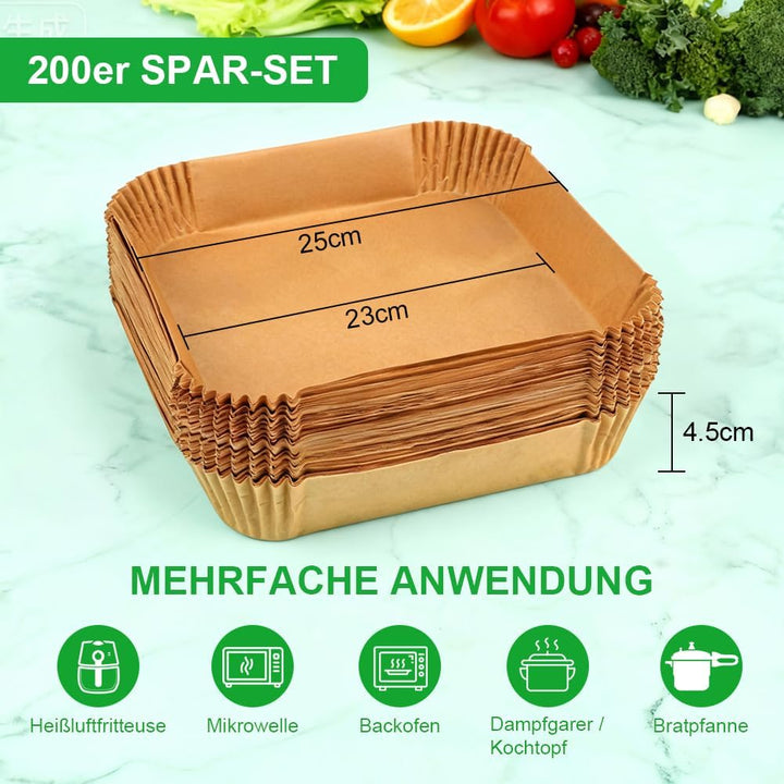 BYKITCHEN 200 Stück Backpapier Airfryer für 8L-12L Heissluftfritteuse, 25cm, Antihaft Eckig Hitzebes