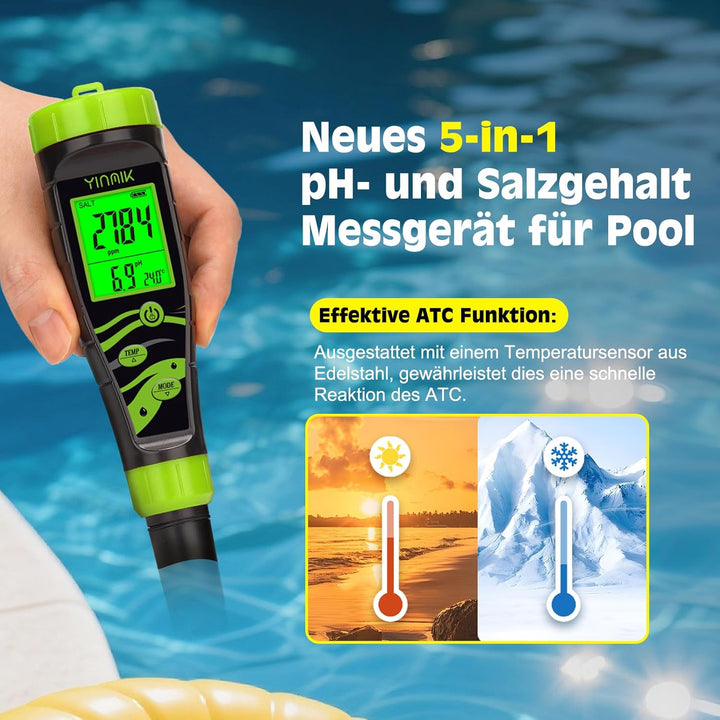 YINMIK 5 in 1 pH Messgerät Wasser, Pool pH Messgerät, Digitales pH EC Messgerät, Salzgehalt pH Teste